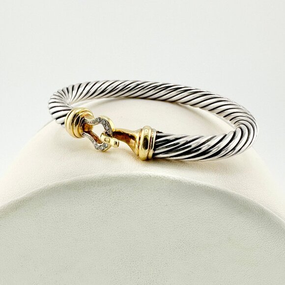 David Yurman Buckle Bracelet w/ 18K Yellow Gold & Diamonds - 7mm - Medium - Picture 2 of 10